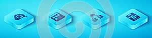 Set Isometric Search cloud computing, Loading data window, Server, Data, Web Hosting and Cloud technology transfer icon