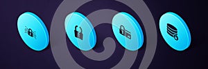 Set Isometric Server security with lock, Credit card, Broken or cracked and Cyber icon. Vector