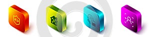 Set Isometric Shield eye scan, Smart home with face id, Fingerprint lock and Face recognition icon. Vector