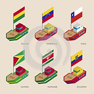 Set of isometric ships with flags of European countries