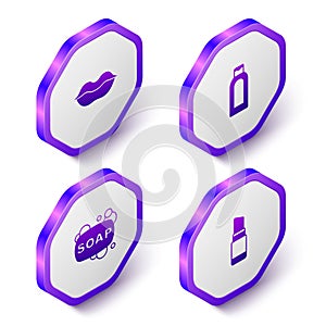 Set Isometric Smiling lips, Bottle of shampoo, Bar soap and Lipstick icon. Purple hexagon button. Vector