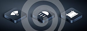 Set Isometric Speedometer, Car battery and High beam icon. Vector