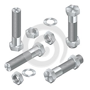 Set of Isometric Steel Screws, Bolts, Nuts and Rivets. Isolated Vector Elements