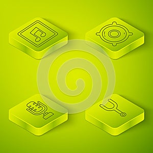 Set Isometric Stereo speaker, Microphone, Musical tuning fork and Music note, tone icon. Vector