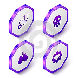 Set Isometric Stethoscope, Skull, Lungs and Heart with cross icon. Purple hexagon button. Vector