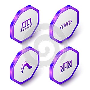 Set Isometric Swings for kids, Education logic game, Slide playground and Swedish wall icon. Purple hexagon button