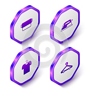 Set Isometric Textile fabric roll, Electric iron, T-shirt hanger and Hanger wardrobe icon. Purple hexagon button. Vector