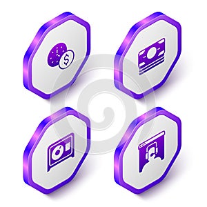 Set Isometric Time is money, Stacks paper cash, Safe and Telephone 24 hours support icon. Purple hexagon button. Vector