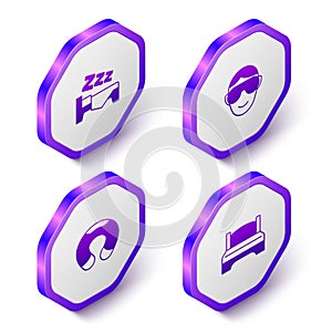 Set Isometric Time to sleep, Eye mask, Travel neck pillow and Big bed icon. Purple hexagon button. Vector