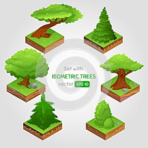 Set with isometric tree in cartoon style