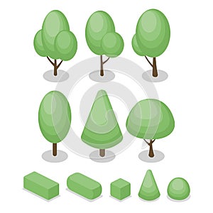 set of isometric trees and bushes flat illustration vector