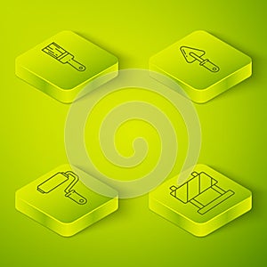 Set Isometric Trowel, Paint roller brush, Road barrier and Paint brush icon. Vector