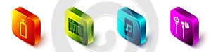Set Isometric USB flash drive, Music synthesizer, Music player and Air headphones icon. Vector