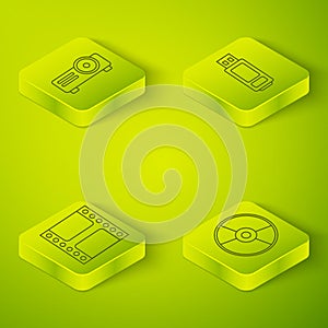 Set Isometric USB flash drive, Play Video, CD or DVD disk and Movie, film, media projector icon. Vector