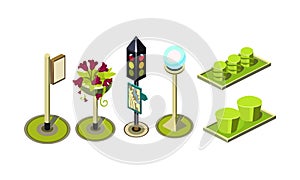 Set of isometric vector elements for city constructor. Traffic light with map, street lantern, bright green bushes for