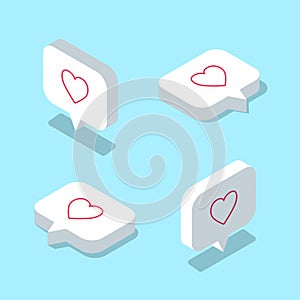 Set of isometric white Like icons. Notification cloud with heart. Web icons collection for isometric illustration