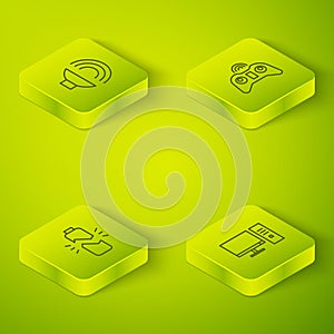 Set Isometric Wireless gamepad, Broken battery, Computer monitor and Speaker volume icon. Vector