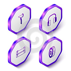 Set Isometric Wooden axe, Headphones, box and Tree rings icon. Purple hexagon button. Vector