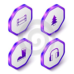 Set Isometric Wooden box, Tree, Waterproof rubber boot and Headphones icon. Purple hexagon button. Vector