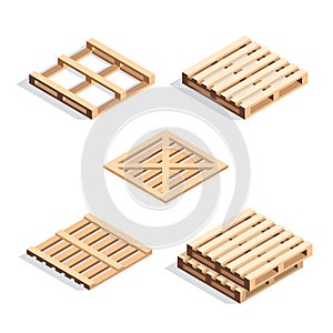 Set of isometric wooden pallets.