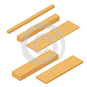 Set of isometric wooden planks, stack of bars and lumber beam, pile of wooden logs timber. Planks for construction