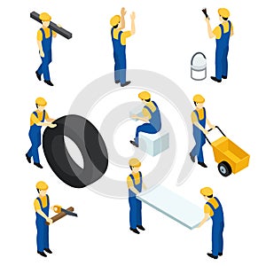 Set of isometric workers, construction workers, builders in the form. People isometric for web design. Vector illustration