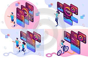 Set isometric workout concepts girls and men uses a mobile app to track your workouts. For website and mobile website development