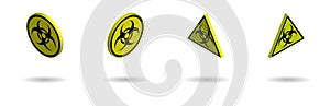 Set of isometric yellow biohazard signs and quarantine zones on transparent background