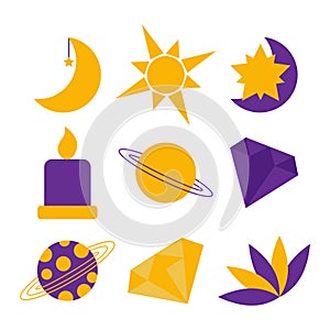 Set of isoteric symbols, stars, moon, planets, crystals and sun in boho style on a light background. Violet yellow design.