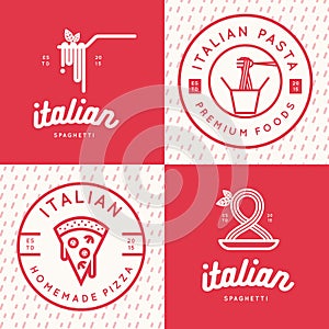 Set of italian food logo, badges, banners, emblem for fast food, pizza, spaghetti, pasta restaurant.