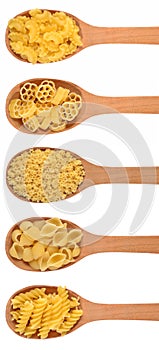 Set of italian pasta in a wooden spoon on a white