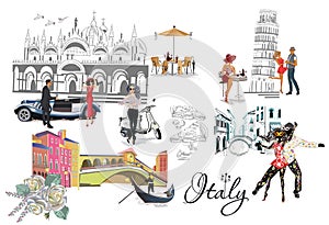 Set of Italian sights: the Rialto bridge, the tower of Pisa, dancing people with carnival masks.