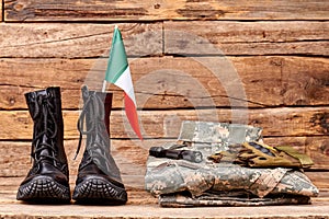 Set of italy army soldier uniform equipment and flag.