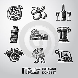 Set of Italy freehand icons - pizza, olives, wine