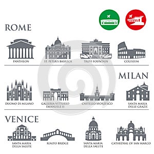 Set of Italy symbols, landmarks in gray color. Vector illustration. Venice, Milan,Italy, Rome