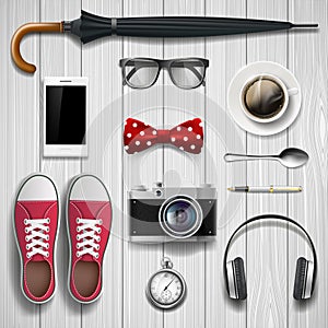 Set of items and accessories for the student and hipster. Lying