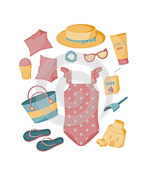 A set of items for a beach holiday for a little girl, baby. Summer items. Swimsuit, sunglasses, bag, juice, sunscreen