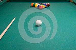 The set of items for Billiards-pool balls and cue