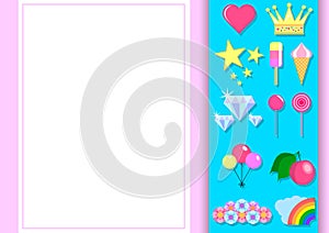 Typographic design for greeting, birthday, invitation card. Balloon, rainbow, sweets and other objects with light pink background.