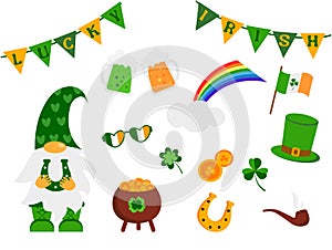 Set of items, icons for St. Patrick's Day isolated on a white background. Flat style design elements for party, sale