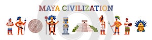 Set of items about maya civilization flat style, vector illustration