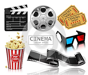 The set of items related to the film industry . Popcorn, reel, f