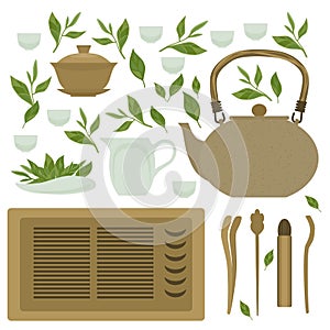 A set of items for traditional Chinese tea drinking Pin Cha on a white background. The tea Board, kettle, gaiwan and the green tea