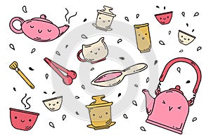 Set of items for traditional oriental tea drinking. Doodle style. Kawaii character