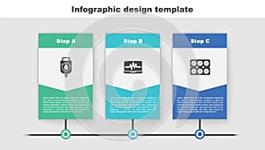 Set IV bag, Laptop with cardiogram and Pills in blister pack. Business infographic template. Vector