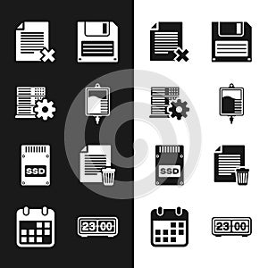 Set IV bag, Server setting, Delete file document, Floppy disk, SSD card and icon. Vector