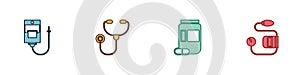 Set IV bag, Stethoscope, Medicine bottle and pills and Blood pressure icon. Vector