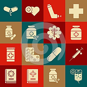 Set IV bag, Syringe, Medicine bottle, Inhaler, and pills, or tablet and Emergency star medical symbol Caduceus snake