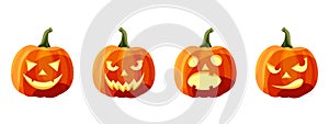 Set of jack-o`-lanterns Halloween pumpkins isolated on white. Vector illustration.