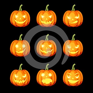 Set of jack-o`-lanterns Halloween pumpkins. Vector eps-10.